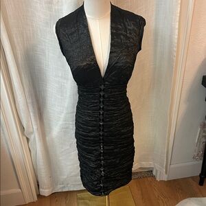 Nicole Miller Collection Elegant Black Crinkle Satin Ruched Dress.